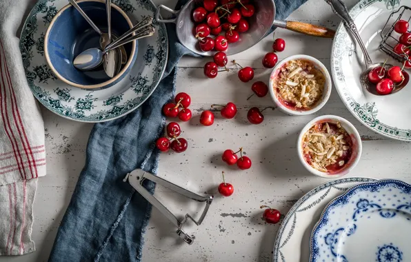 Cherry, berries, table, Board, towel, cherry, Cup, plates