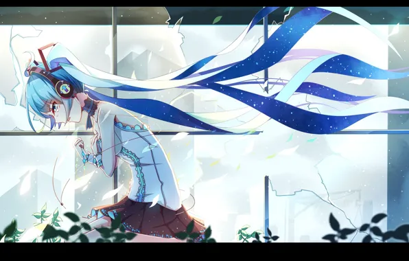 Headphones, corset, vocaloid, Hatsune Miku, Vocaloid, blue hair, window, blue sky
