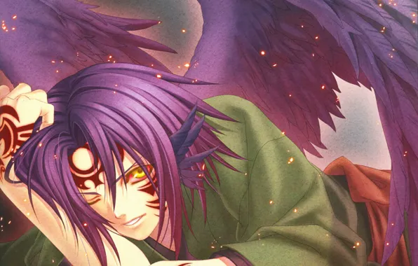 Wings, the demon, sparks, face tattoos, print, hiiro no kakera, youkai, tengu