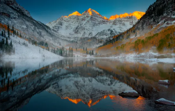 Snow, mountains, lake, Colorado, Aspen