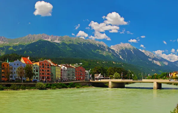 Picture the sky, mountains, bridge, the city, river, photo, home, Austria