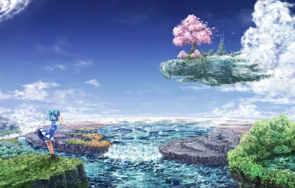 Water, clouds, trees, nature, tree, wings, Sakura, art