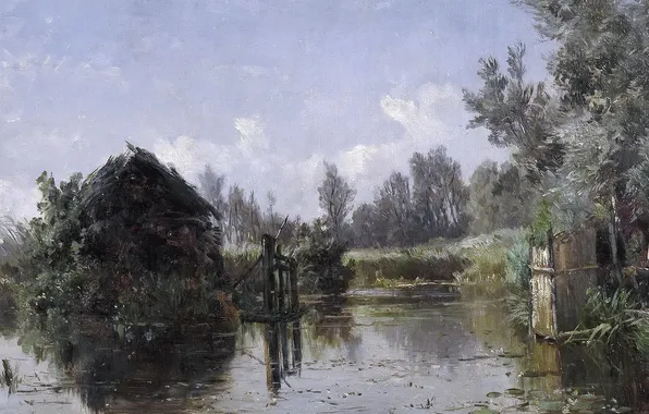 Trees, landscape, picture, house, Carlos de Haes, Lake in Friesland