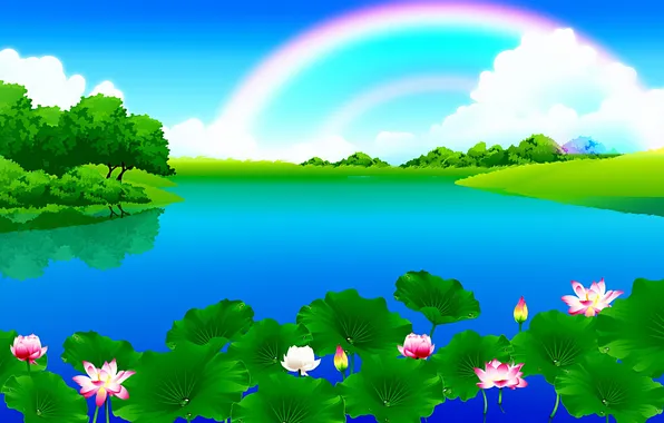 Picture the sky, clouds, trees, landscape, flowers, river, rainbow, vector