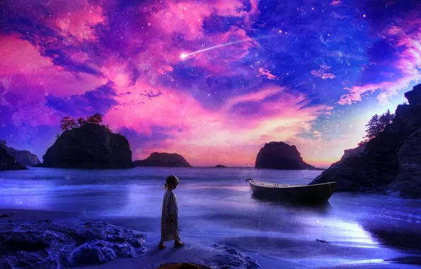 Picture sand, sea, purple, the sky, water, stars, landscape, blue