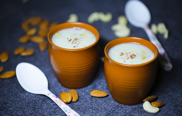 Milk, drink, nuts, dessert, almonds, yogurt, pots
