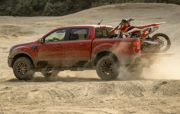 Picture sand, Ford, dust, motorcycle, side view, pickup, Ranger, Lariat