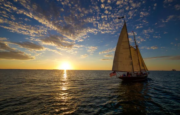Picture the sky, clouds, sunset, yacht, horizon, The Atlantic ocean