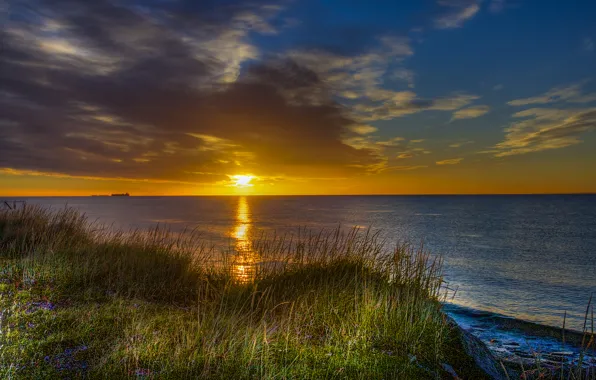 Picture sea, the sky, the sun, clouds, sunset, shore