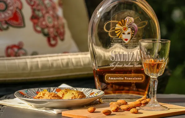 Glass, bottle, cookies, almonds