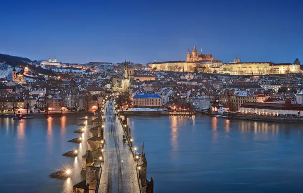 Picture lights, Prague, blue hour, cityscape, Czech Republic