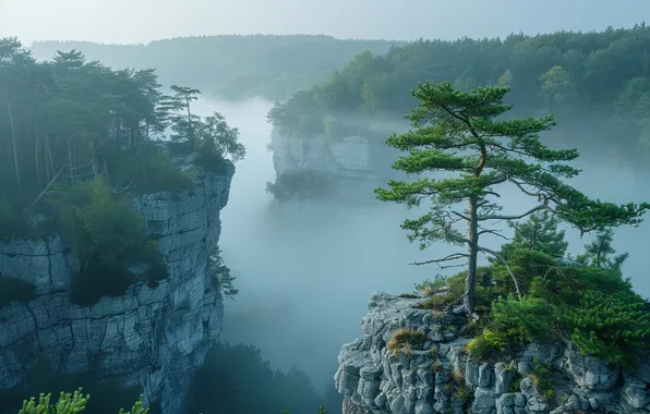 Fog, Trees, Rock, Digital art, AI art, The Art of Artificial Intelligence, Neural network