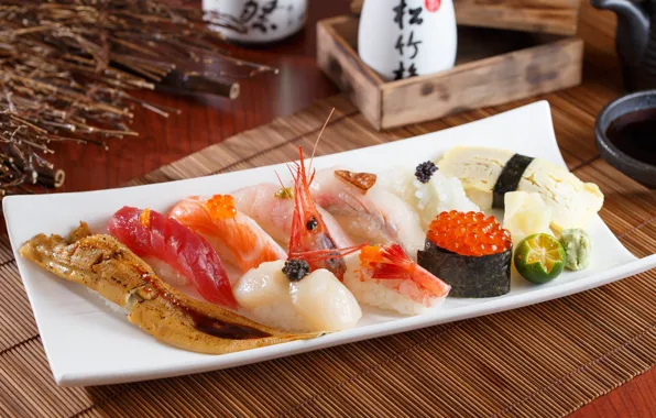 Fish, lime, figure, caviar, sushi, shrimp, seafood