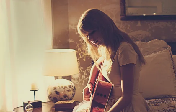 Picture room, lamp, guitar, dress, hairstyle, photographer, album, singer