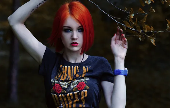 Autumn, look, leaves, girl, model, branch, makeup, tattoo