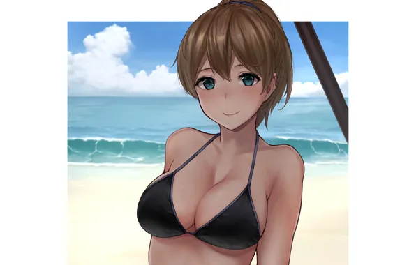 Girl, sexy, cleavage, beach, sea, brown hair, boobs, anime