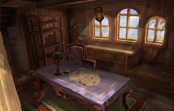 Table, map, art, chair, globe, cabin