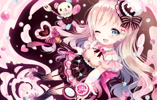 Girl, sweets, lollipops, bear, Princess, sorceress, long hair, art
