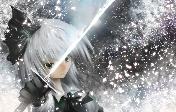 Picture girl, sword, art, sparks, touhou, konpaku youmu, purinkypix, koneko