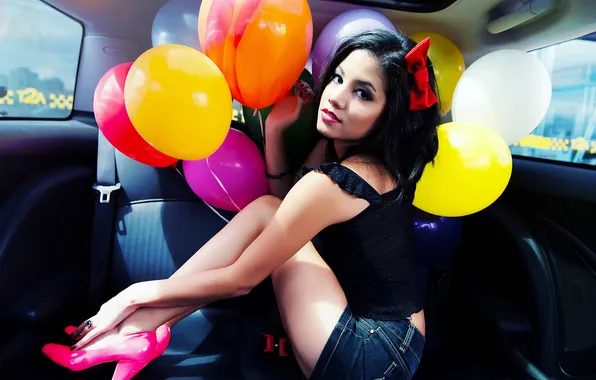 Machine, Girl, brunette, bow, salon, colorful, balloons