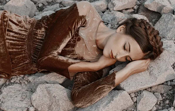 Girl, face, stones, hair, dress, braids