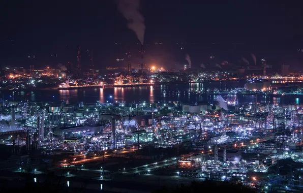 Japan, Kurashiki-shi, Factory Lights, Okayama Prefecture