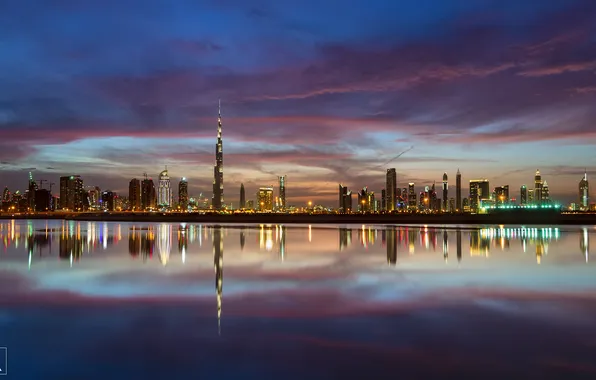 The sky, water, reflection, the city, lights, home, the evening, horizon