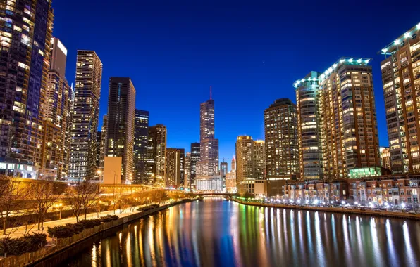Glare, river, building, Chicago, night city, Chicago, promenade, skyscrapers