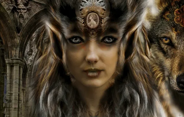 Picture girl, wolf, arch