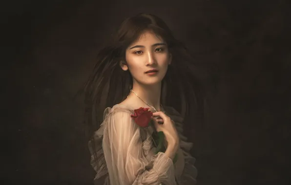 Picture look, girl, face, the dark background, portrait, roses, dress, Asian