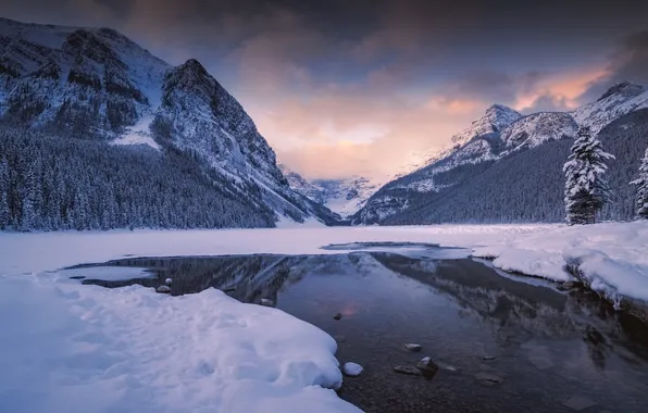 Winter, frost, forest, the sky, clouds, snow, mountains, lake