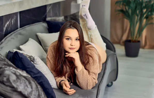 Look, girl, face, pose, sofa, pillow, hands, sweater