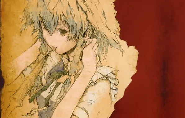 Hands, braids, dagger, the maid, ruffles, bangs, Izayoi Sakuya, stuck out his tongue