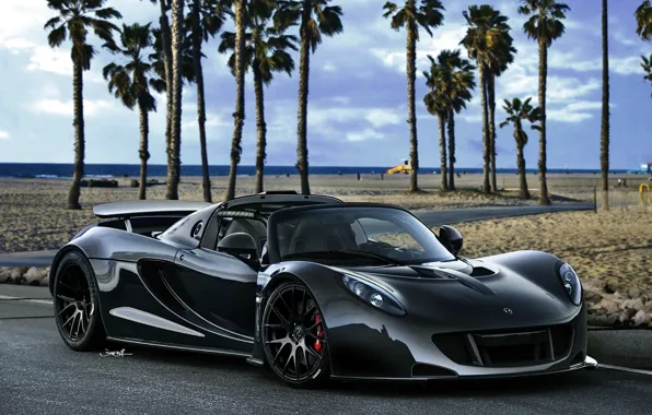 Picture beach, the sky, palm trees, black, supercar, Spyder, the front, Hennessey