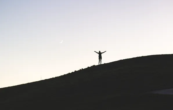 Girl, moon, hill, silhouette