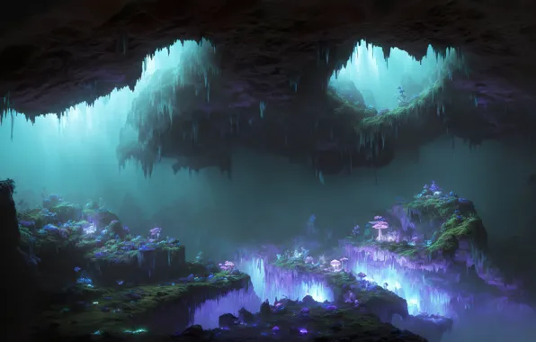 Crystals, cave, dungeon, digital art, AI art, art work Razor127, strange plants, speliology