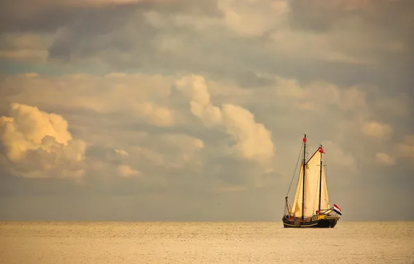 Clouds, lake, ship, sailboat, Netherlands, water surface, Netherlands, Lake Markermeer