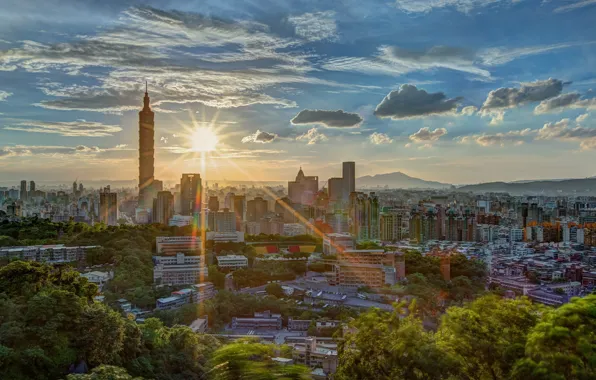 Greens, summer, the sun, clouds, rays, light, mountains, the city