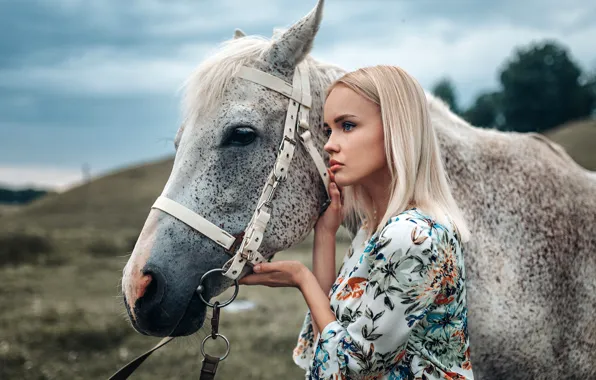 Picture nature, mood, model, horse, portrait, makeup, dress, hairstyle