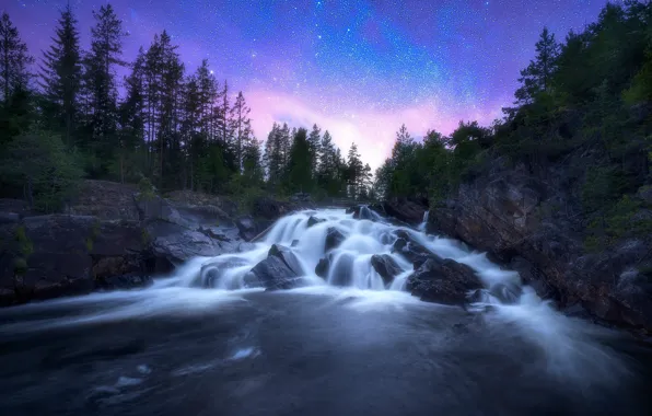 Trees, river, stones, waterfall, Norway, cascade, Norway, starry sky