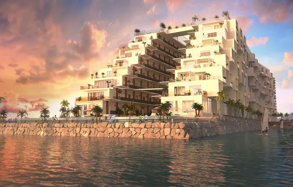 Palm trees, construction, architecture, vacationers, The Cruise
