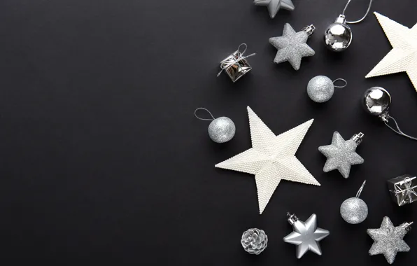 Picture decoration, balls, New Year, Christmas, silver, black background, black, Christmas