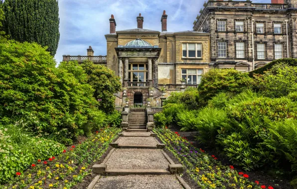 Trees, flowers, house, ladder, track, UK, Garden, Grange