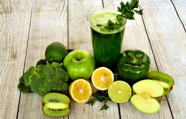 Glass, juice, drink, fruit, vegetables, wood, fresh