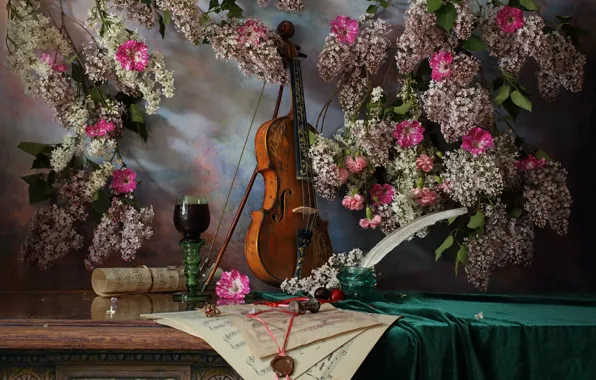 Picture flowers, branches, notes, pen, violin, glass, still life, lilac