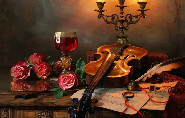 Picture flowers, style, notes, pen, violin, glass, roses, candles
