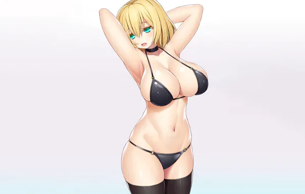 Girl, sexy, cleavage, thighhighs, green eyes, boobs, anime, beautiful