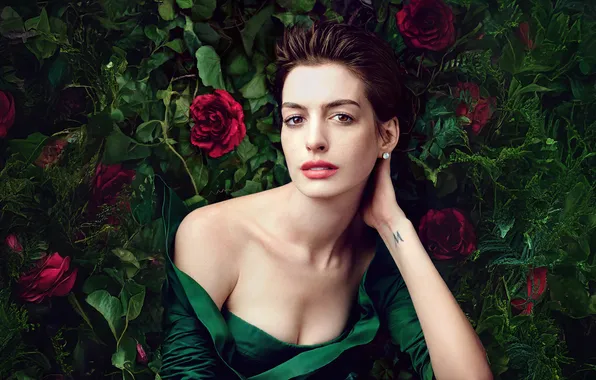 Look, girl, face, photo, makeup, dress, actress, Anne Hathaway