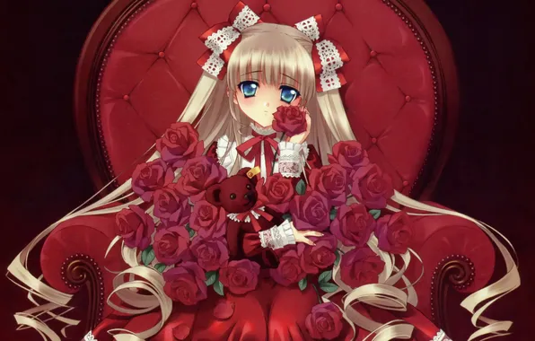 Chair, Girl, bear, bows, lace, red roses