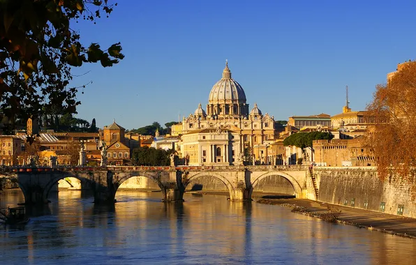 Picture the sky, bridge, river, Cathedral, sculpture, the dome, Italy, Rome